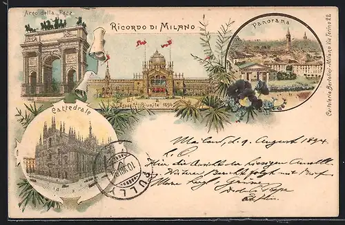 Vorläufer-Lithographie Milano, Espos. ni Riunite 1894, Arco della Pace, Cattedrale
