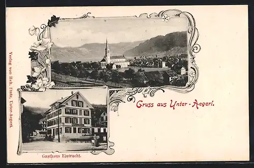 AK Unter-Aegeri, Gasthaus Eintracht, Teilansicht mit Kirche