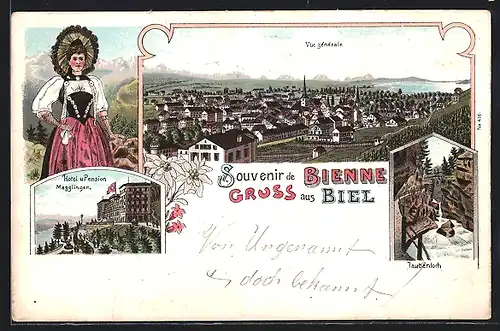 Lithographie Biel, Hotel und Pension Magglingen, Taubenloch