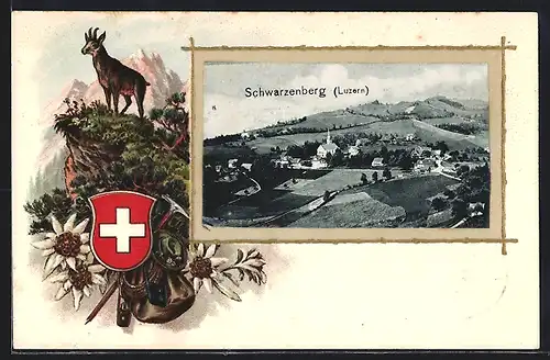 AK Schwarzenberg /Luzern, Ortsansicht mit Kirche, Wappen