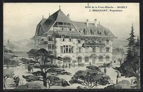 Künstler-AK Marly, Hotel de la Croix-Blanche, Prop. J. Brulhart