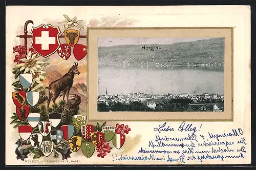 AK Horgen, Ortsansicht mit Kirche, Wappen