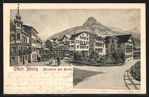 Künstler-AK Oberiberg, Pension zur Post, Ortspartie