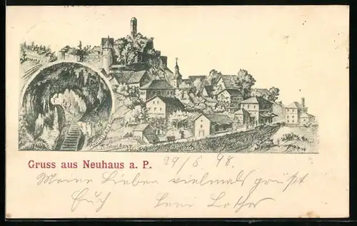 Künstler-AK Neuhaus a. P., Ortsansicht mit Maximilians Grotte