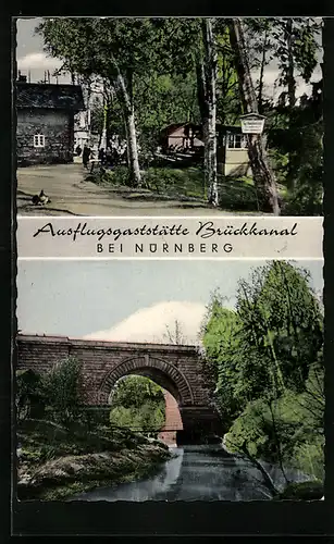AK Feucht, Blick auf Ausflugsgaststätte Brückkanal u. Brücke