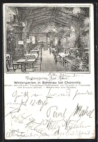 Künstler-AK Schönau b. Chemnitz, Tropfsteingrotten-Saal Flora, Wintergarten