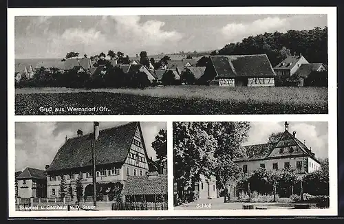 AK Wernsdorf, Schloss, Brauerei und Gasthaus Bes.O. Sauer, Ortsansicht