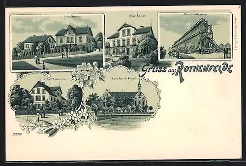 Lithographie Rothenfelde, Villa Heins, Villa Wilhelmina, Villa Balke & Altes Gradirwerk