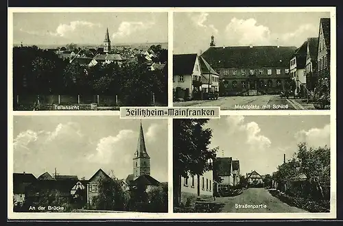 AK Zeilitzheim /Mainfranken, Marktplatz mit Schloss, Strassenpartie, An der Brücke