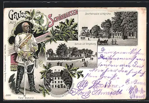 Lithographie Schönhausen, Dorfstrasse mit Kirche, Geburtshaus und Bildnis Fürst Bismarck