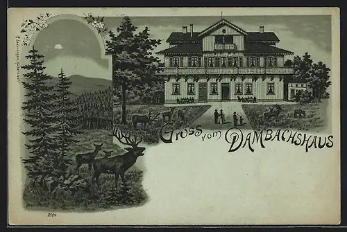 Mondschein-Lithographie Thale, Partie am Gasthof Dambachhaus, Röhrender Hirsch im Vollmondlicht