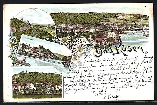 Lithographie Bad Kösen, Gradierwerk, Rudelsburg, Borlachbad