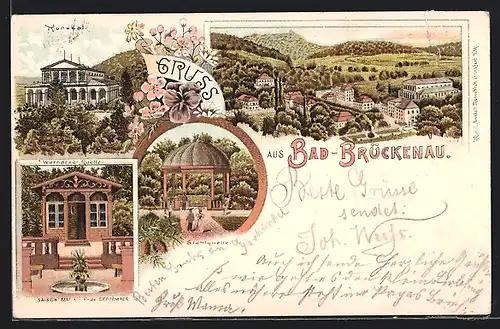 Lithographie Bad Brückenau, Wernarzer Quelle, Stahlquelle und Kursaal, Panorama