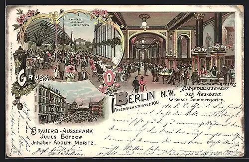 Lithographie Berlin, Gasthaus Brauereiausschank Julius Bötzow, Friedrichstrasse 100, Innenansicht, Garten