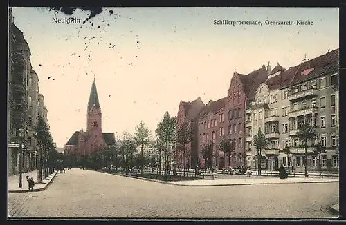 AK Berlin-Neukölln, Schillerpromenade und Genezareth-Kirche