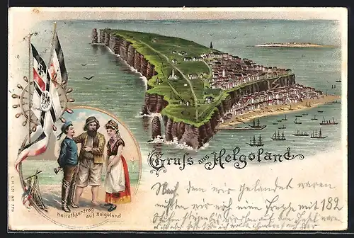 Lithographie Helgoland, Gesamtansicht mit Heiratsantrag aus der Vogelschau