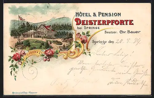 Lithographie Springe, Hotel & Pension Deisterpforte von Chr. Bauer
