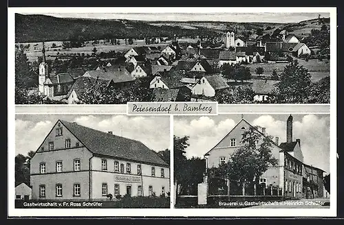 AK Priesendorf bei Bamberg, Gasthof Rosa Schrüfer, Brauerei und Gastwirtschaft Heinrich Schrüfer, Ortsansicht