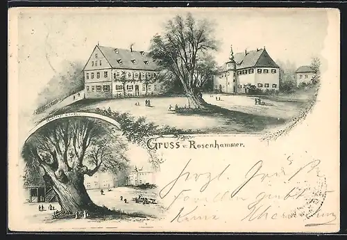 Künstler-AK Weidenberg, Gasthaus Rosenhammer, Besucher an der Huntings Linde