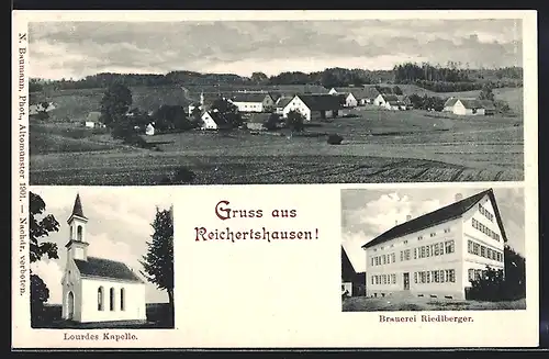 AK Reichertshausen, Brauerei Riedlberger, Lourdes Kapelle, Ortsansicht