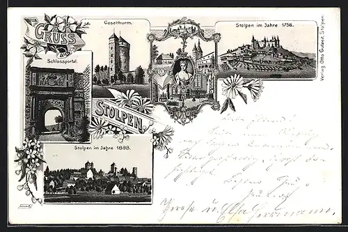 Lithographie Stolpen, Historisches Panorama 1758, Coselthurm & Schlossportal