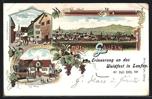 Lithographie Laufen, Waldfest, Wirtschaft zum Rebstock, Wirtschaft zum wilden Mann