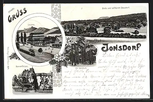 Lithographie Jonsdorf, Hotel Bad Jonsdorf mit Lausche, Nonnenfelsen