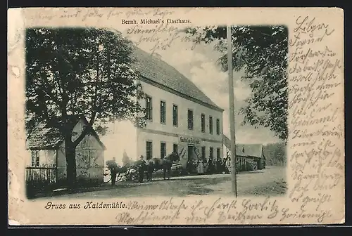 AK Dresden-Dresdner Heide, Gasthaus B. Michael mit Strasse, Versammlung, Fuhrwerk