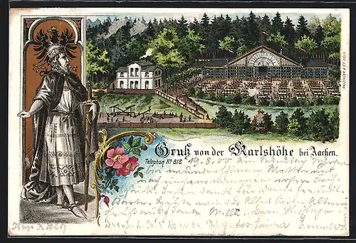 Lithographie Aachen, Gasthaus Karlshöhe aus der Vogelschau, Karl der Grosse