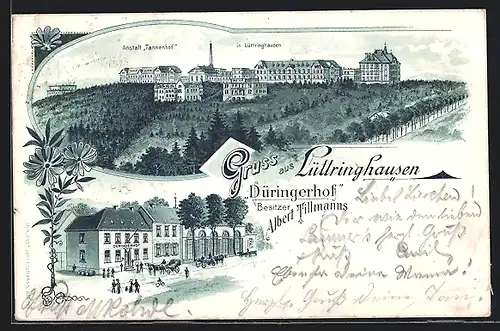 Lithographie Lüttringhausen, Gasthaus Düringerhof, Blick zur Anstalt Tannenhof