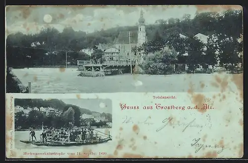 Mondschein-AK Trostberg /Atz, Hochwasser 1899, Gesellschaft auf einem Boot, Totalansicht vom Wasser