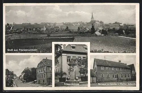 AK Frankenwinheim, Bäckerei Stefan Schmitt, Strassenpartie, Kriegerdenkmal, Ortsansicht