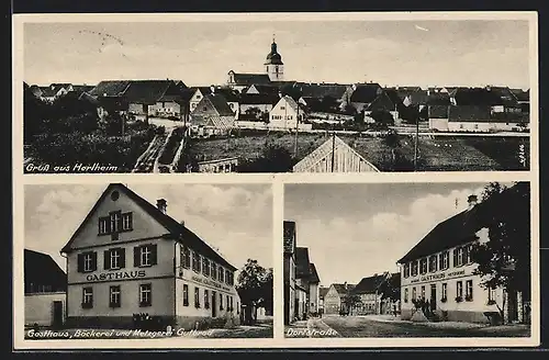 AK Herlheim, Gasthaus und Metzgerei in der Dorfstrasse, Ortsansicht