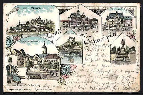 Lithographie Schweinfurt, Schloss Mainberg, Markt mit Rückert-Denkmal, Peterstirn