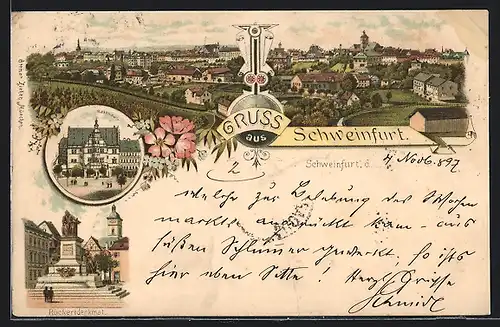 Lithographie Schweinfurt, Totalansicht, Rathaus, Rückertdenkmal