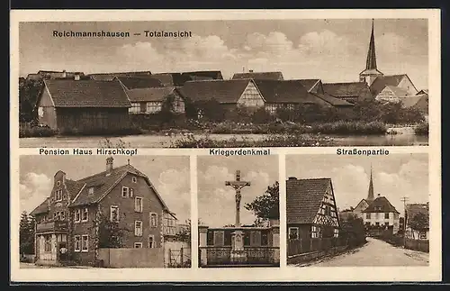 AK Reichmannshausen, Pension Haus Hirschkopf F. Döll, Strassenpartie, Totalansicht