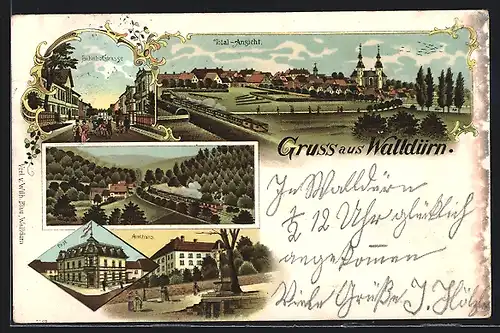 Lithographie Walldürn, Bahnhofstrasse, Post, Totalansicht mit Eisenbahn