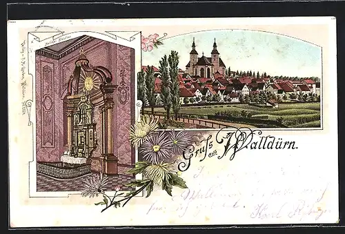 Lithographie Walldürn, Heiliger Blutaltar, Ortsansicht mit Kirche