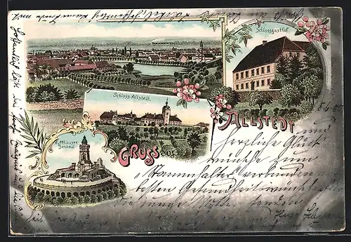 Lithographie Allstedt, Panorama, Schlossgasthof, Kyffhäuser Denkmal