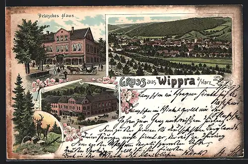 Lithographie Wippra / Harz, Restaurant Deutsches Haus, Ortsansicht aus der Vogelschau
