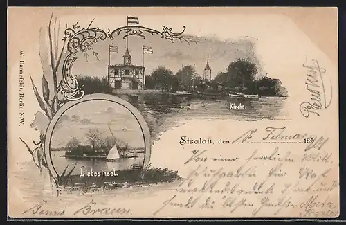 AK Berlin-Stralau, Panorama mit Gasthaus und Kirche, Liebesinsel