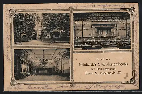 AK Berlin, Gaststätte Reinhardt`s Spezialitätentheater C. Haverland, Hasenheide 57, mit Bühnensaal