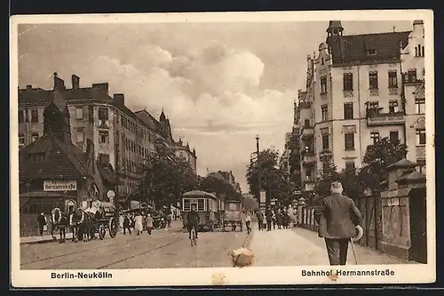 AK Berlin-Neukölln, Bahnhof Hermannstrasse, Strassenbahn