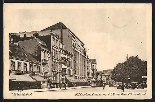 AK Hamburg-Wandsbek, Lübeckerstrasse mit Kaufhaus Karstadt und Strassenbahn
