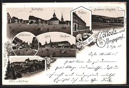 Lithographie Cölleda, Marktplatz, Brückenstrasse, Schule und Oberpfarre, Kreishaus, Burgwenden mit Osterbad