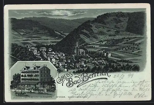 Mondschein-Lithographie Bad Bertrich, Hotel zur Traube J. Johann, Gesamtansicht mit Umgebung