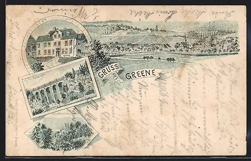 Lithographie Greene, Gasthaus Rose, Burg vom Heinrichsbrunnen, Viadukt