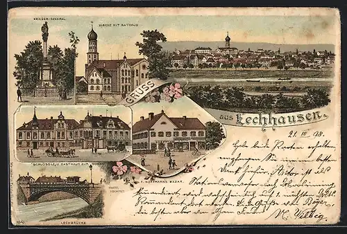 Lithographie Lechhausen, Ortsansicht mit Kriegerdenkmal, Kirche und Gasthaus zur Sonne