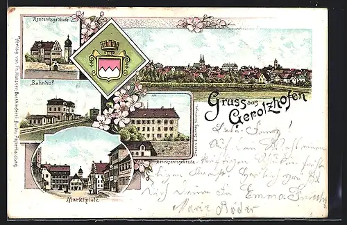 Lithographie Gerolzhofen, Bahnhof, Rentamtsgebäude, Marktplatz, Bezirksamt