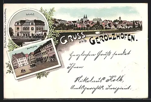 Lithographie Gerolzhofen, Bahnhof mit einfahrendem Zug, Ansicht vom Marktplatz